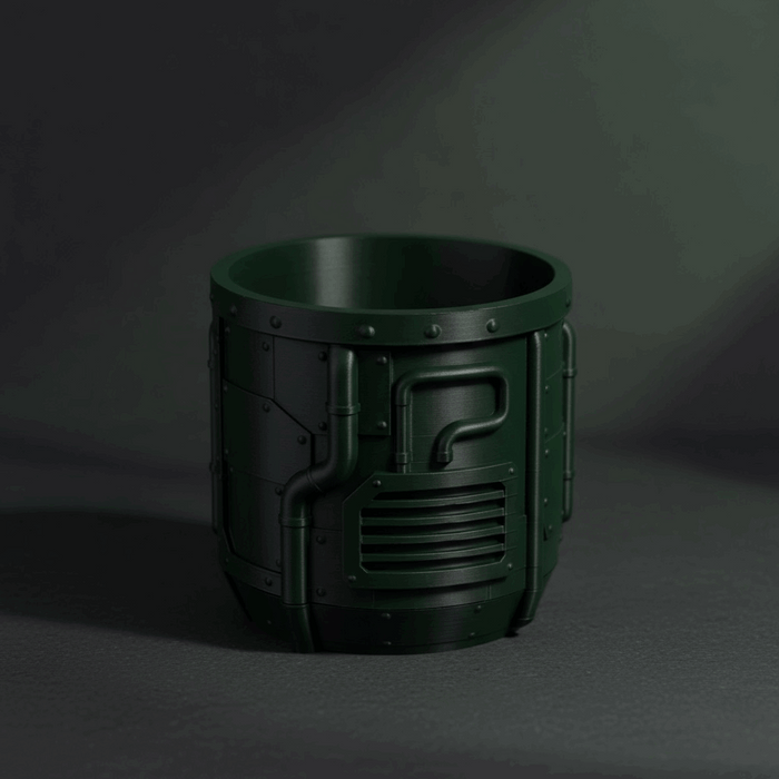 Industrial Sci-Fi 3D Printed Planter Pot  "Nexum" with Drainage + Saucer · by Viviero3D