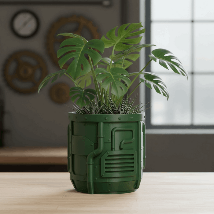 Industrial Sci-Fi 3D Printed Planter Pot  "Nexum" with Drainage + Saucer · by Viviero3D