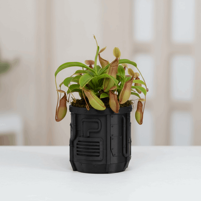 Industrial Sci-Fi 3D Printed Planter Pot  "Nexum" with Drainage + Saucer · by Viviero3D