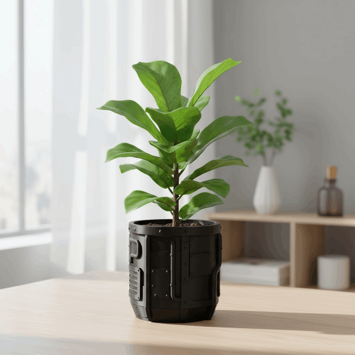Industrial Sci-Fi 3D Printed Planter Pot  "Nexum" with Drainage + Saucer · by Viviero3D