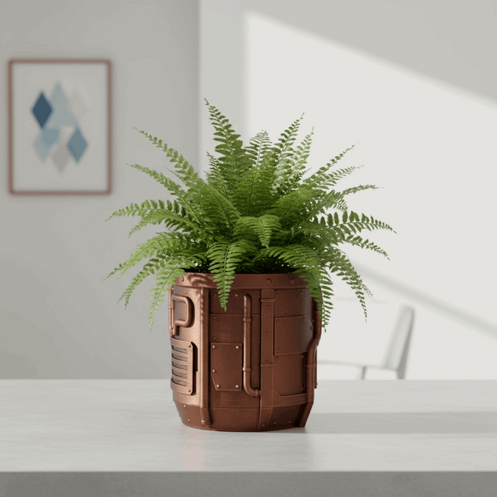 Industrial Sci-Fi 3D Printed Planter Pot  "Nexum" with Drainage + Saucer · by Viviero3D