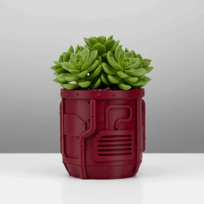 Industrial Sci-Fi 3D Printed Planter Pot  "Nexum" with Drainage + Saucer · by Viviero3D