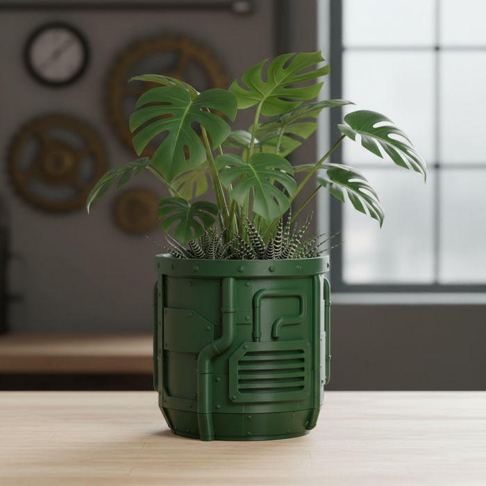 Tech Forge – Industrial Sci-Fi 3D Printed Planter Pot with Drainage + Saucer | Modern Planter for Succulents, Flowers | Unique Gift