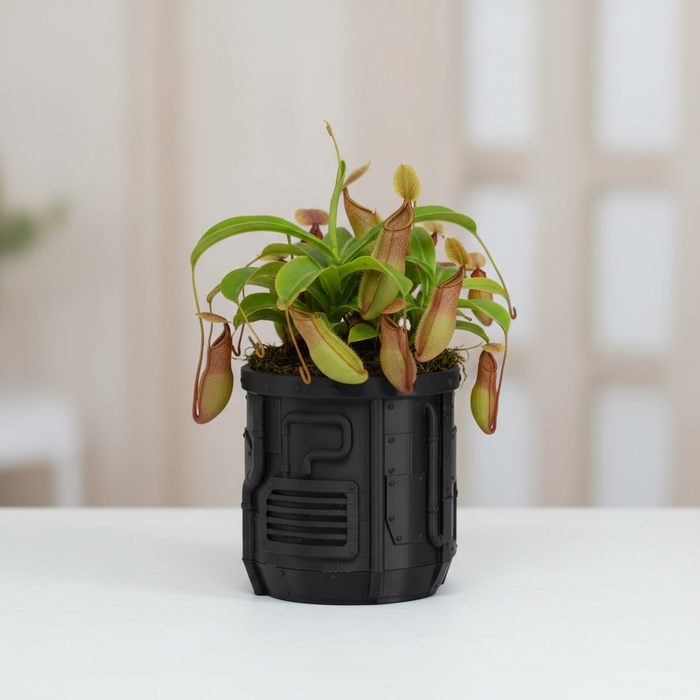 Tech Forge – Industrial Sci-Fi 3D Printed Planter Pot with Drainage + Saucer | Modern Planter for Succulents, Flowers | Unique Gift