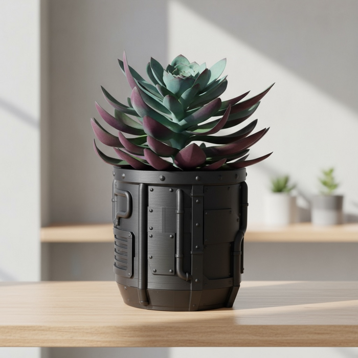 Tech Forge – Industrial Sci-Fi 3D Printed Planter Pot with Drainage + Saucer | Modern Planter for Succulents, Flowers | Unique Gift