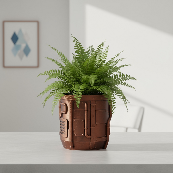 Tech Forge – Industrial Sci-Fi 3D Printed Planter Pot with Drainage + Saucer | Modern Planter for Succulents, Flowers | Unique Gift