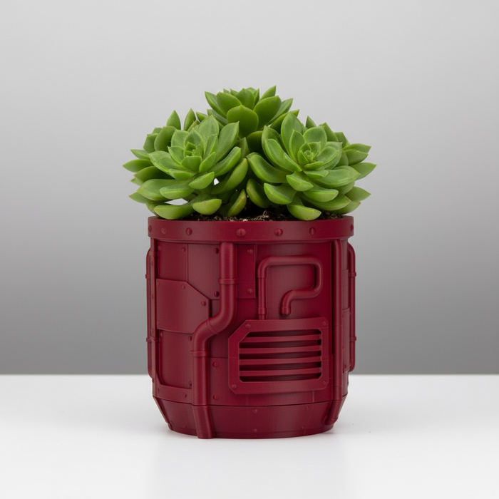 Tech Forge – Industrial Sci-Fi 3D Printed Planter Pot with Drainage + Saucer | Modern Planter for Succulents, Flowers | Unique Gift