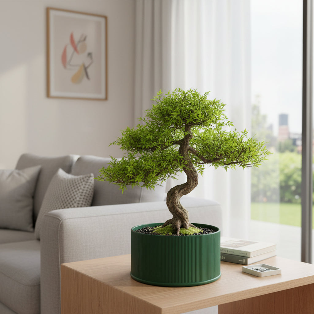 Tori shallow silhouette with fine ribbed texture bonsai planter, top opening view