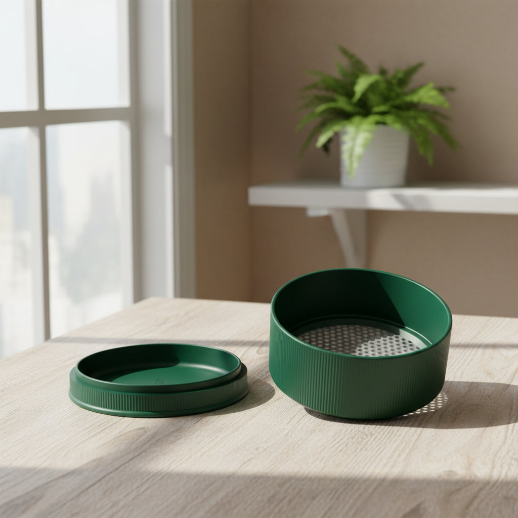 Tori shallow silhouette with fine ribbed texture bonsai planter, base and drainage view