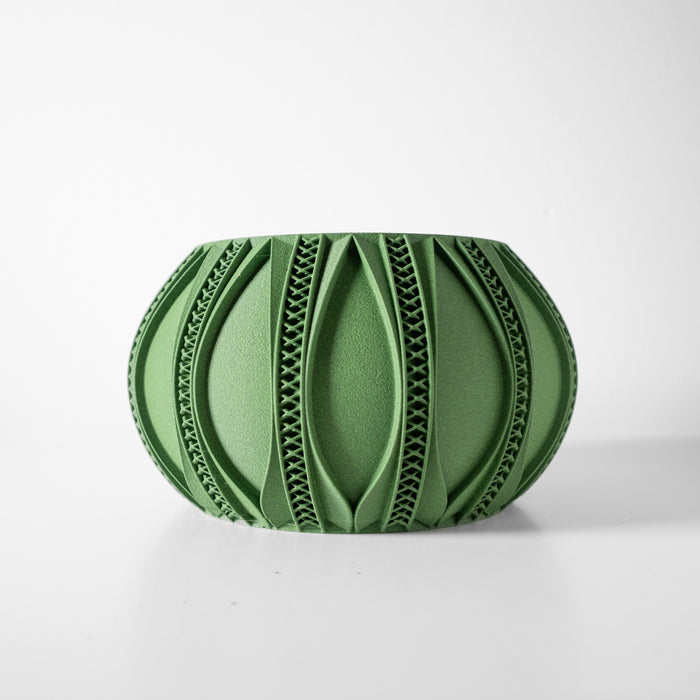 Side view of designer planter showing textured vertical lines and wide body, perfect tabletop pot