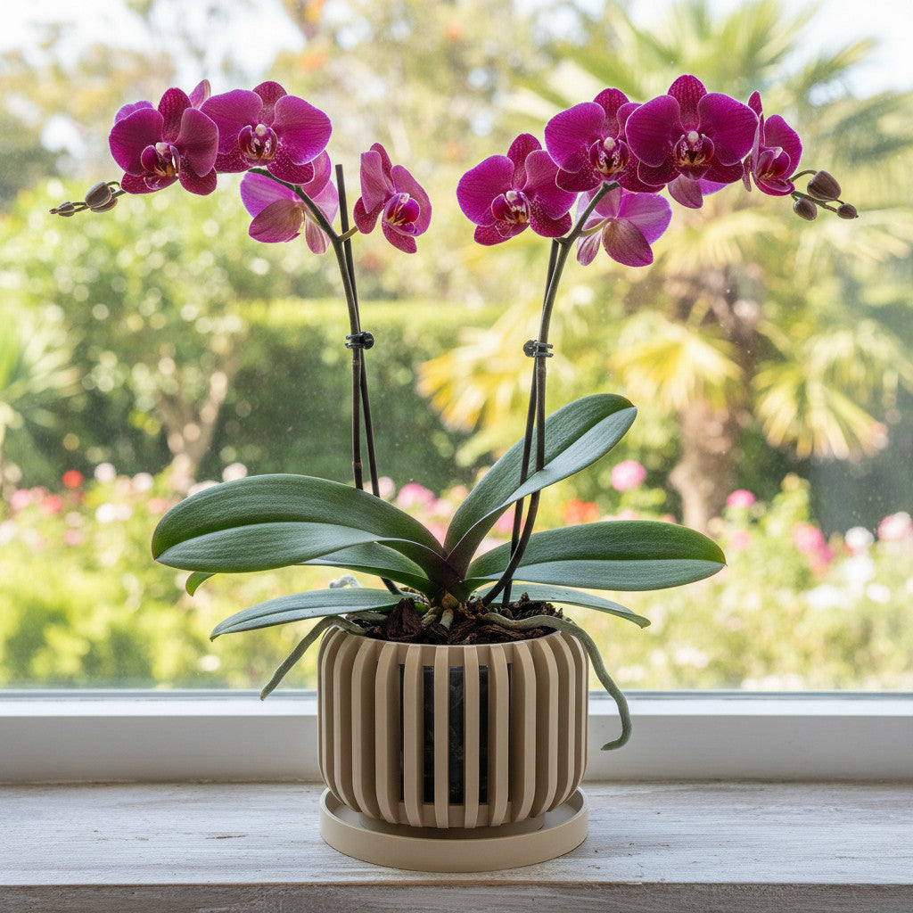 Alden tall vertical slats ventilated orchid pot, front view
