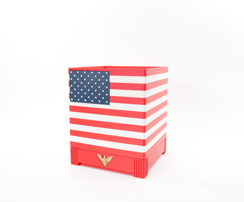 American flag planter pot angled view with raised star field and eagle base