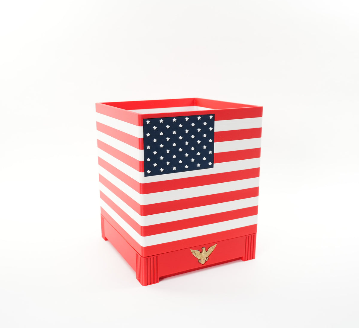 American flag planter pot with navy star panel and gold eagle detail on red base