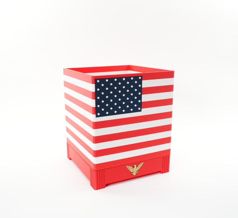 American flag planter pot with navy star panel and gold eagle detail on red base