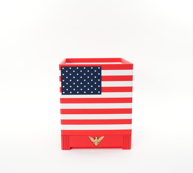 Front view of square American flag planter with open top and eagle pedestal base