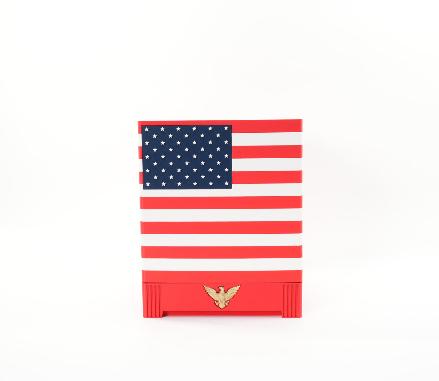 American flag planter pot with red white and blue stripes and eagle base