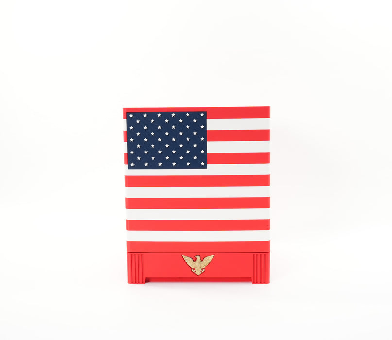 American flag planter pot with red white and blue stripes and eagle base