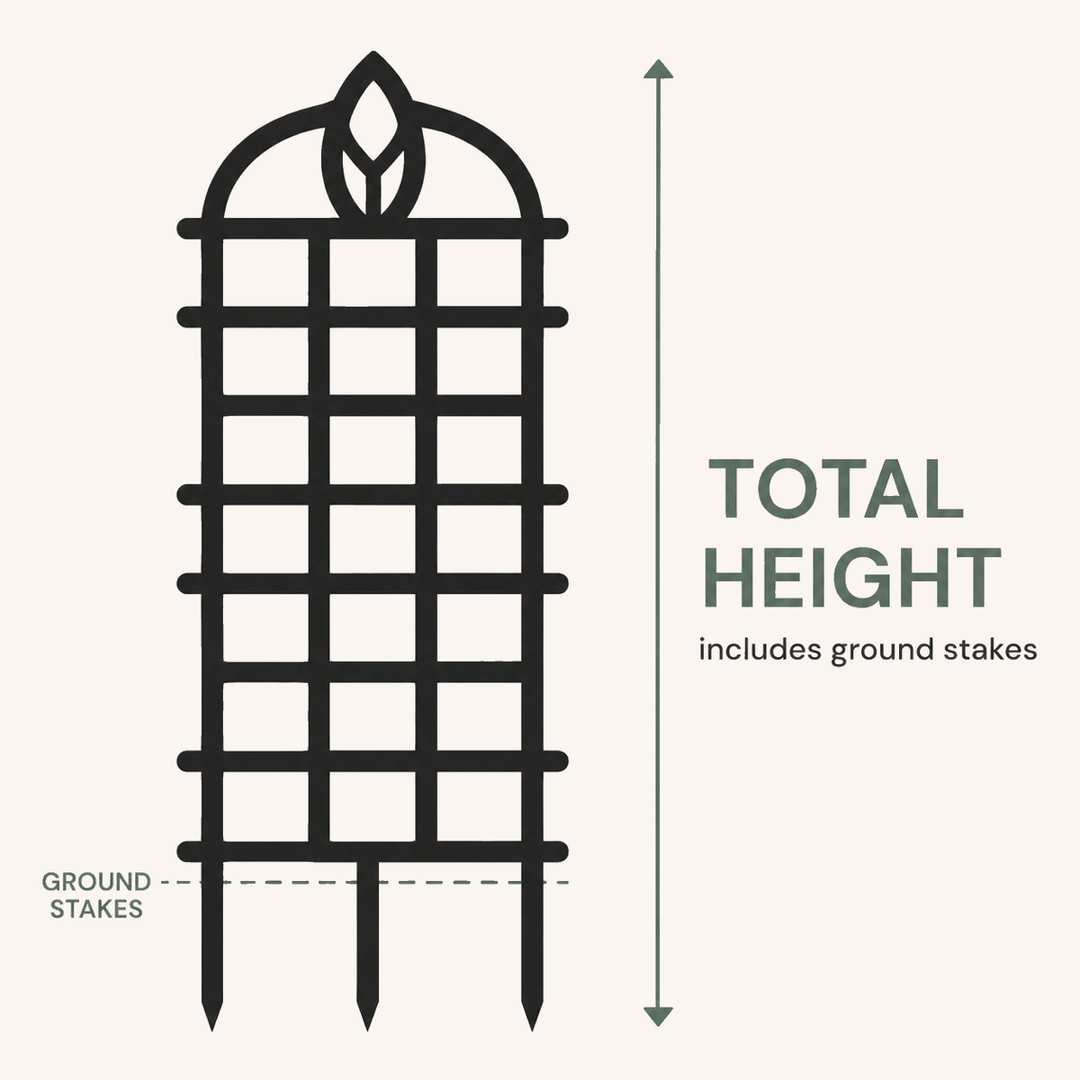 Arbora plant trellis total height guide showing that the selected height includes the ground stakes