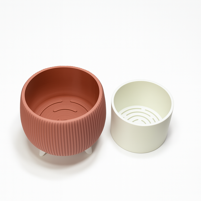 Arco Ribbed Planter with Removable Liner & Four Legs – 3D Printed Plant Pot / Cachepot, 3" 5" 7", Elevated Drainage