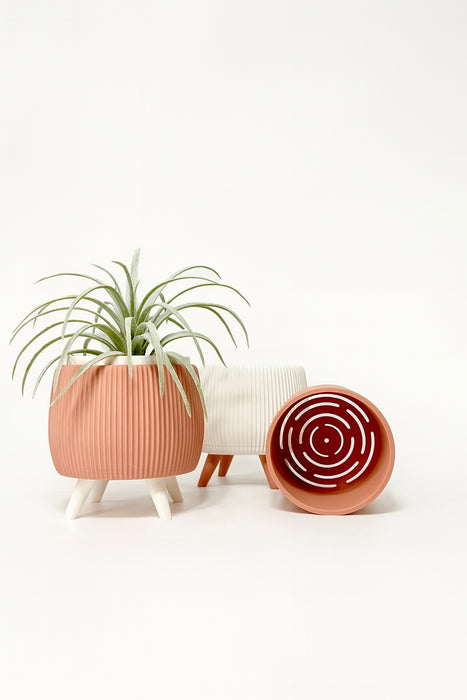 Arco Ribbed Planter with Removable Liner & Four Legs – 3D Printed Plant Pot / Cachepot, 3" 5" 7", Elevated Drainage