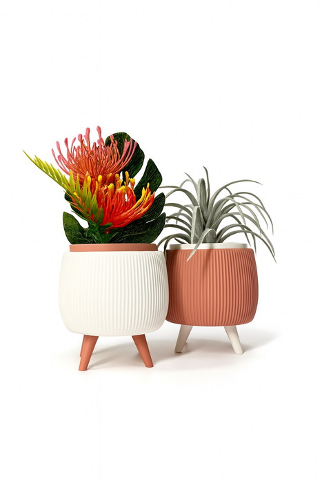 Arco Ribbed Planter with Removable Liner & Four Legs – 3D Printed Plant Pot / Cachepot, 3" 5" 7", Elevated Drainage