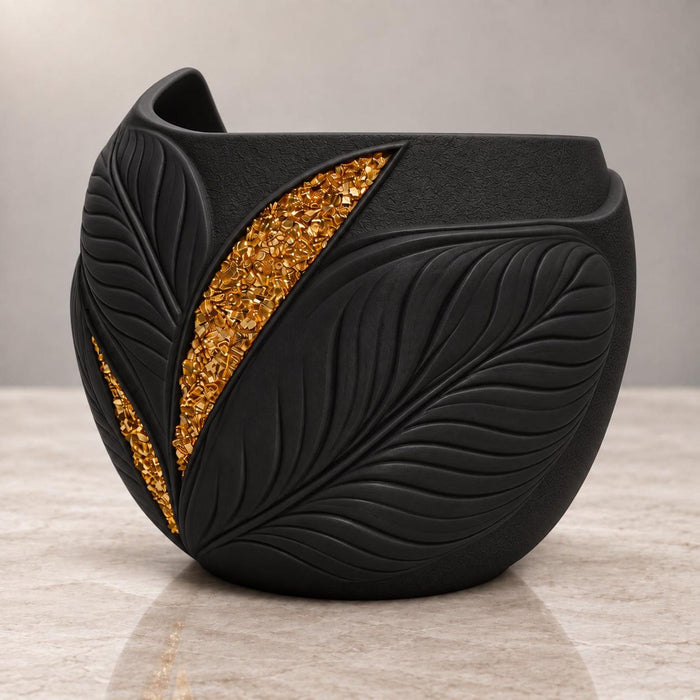 Aurelia black planter from the opposite front angle with raised leaf veins and gold inlay