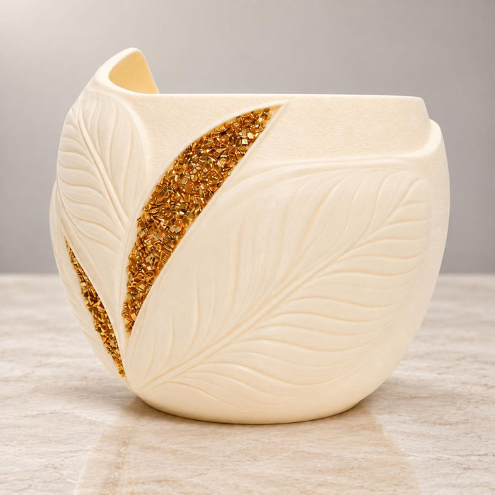 Aurelia cream white planter at a front angle showing leaf relief and gold accents