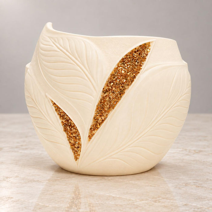 Front view of Aurelia cream white leaf planter with two gold decorative inlays
