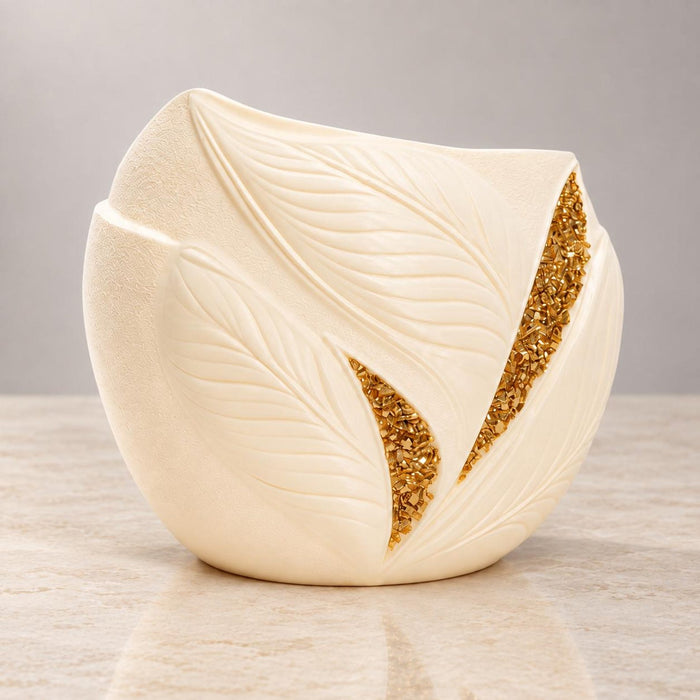 Aurelia cream white planter side view with textured body and overlapping botanical leaves