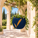 Full hanging view of Aurelia with its rope loop and trailing plant against a light arched background.