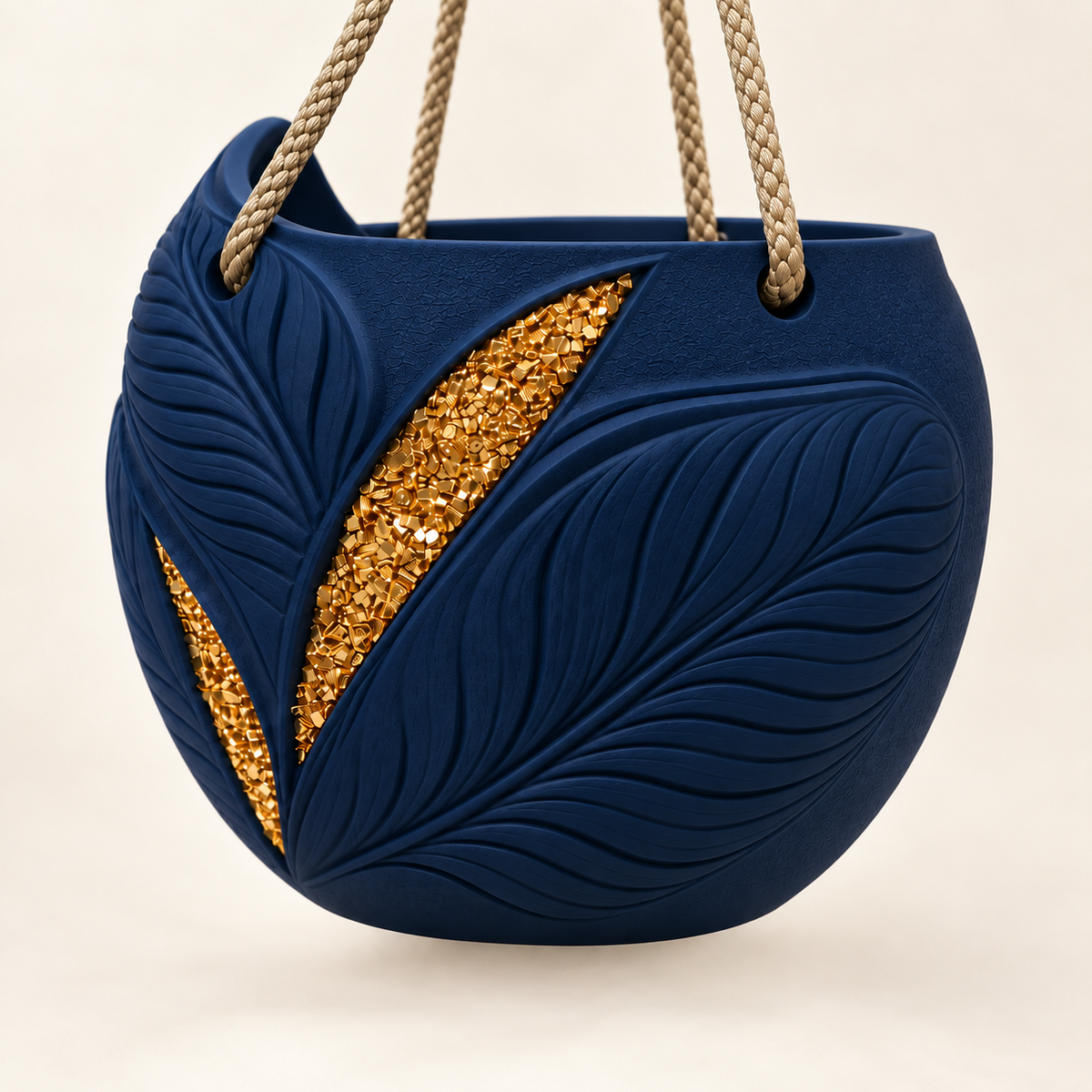 Front view of the empty navy Aurelia hanging planter, showing sculpted leaf veins, two gold-tone inlays and tan rope.