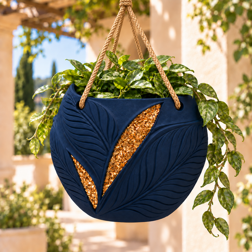 Navy Aurelia rope hanging planter with raised leaves, gold-tone inlays and trailing greenery among pale arches.