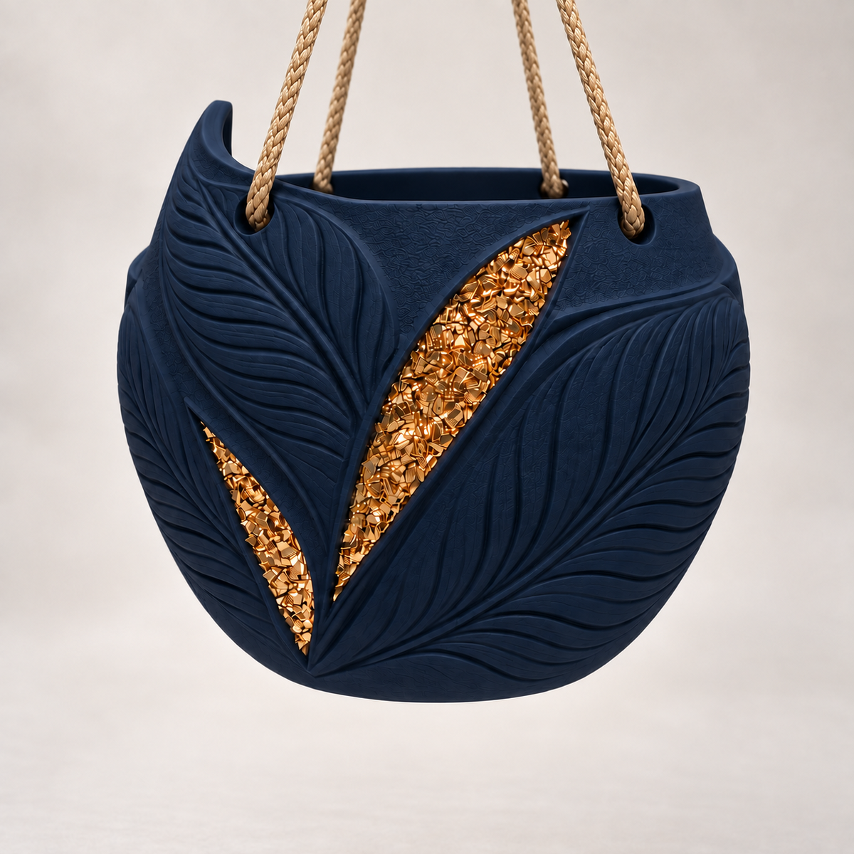 Angled view of the navy Aurelia hanging plant pot with leaf relief and gold-tone accents.