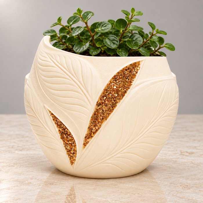 Aurelia Planter Pot — Leaf Design & Gold Accents