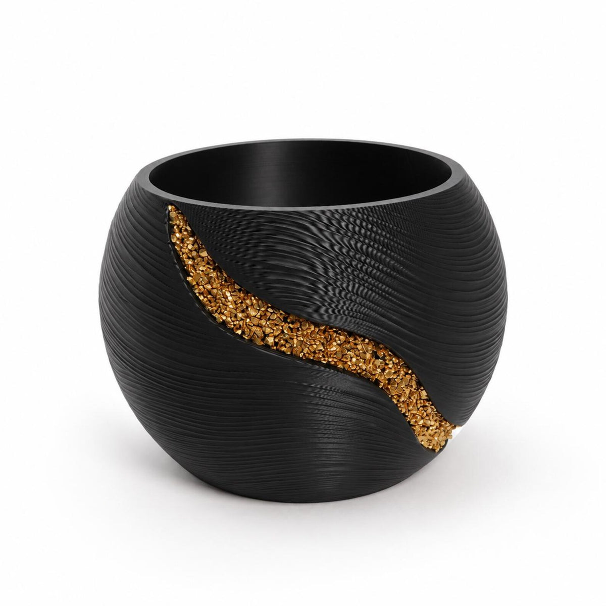 Overhead angle of the black and gold planter, showing the opening, smooth inner wall and long textured inlay