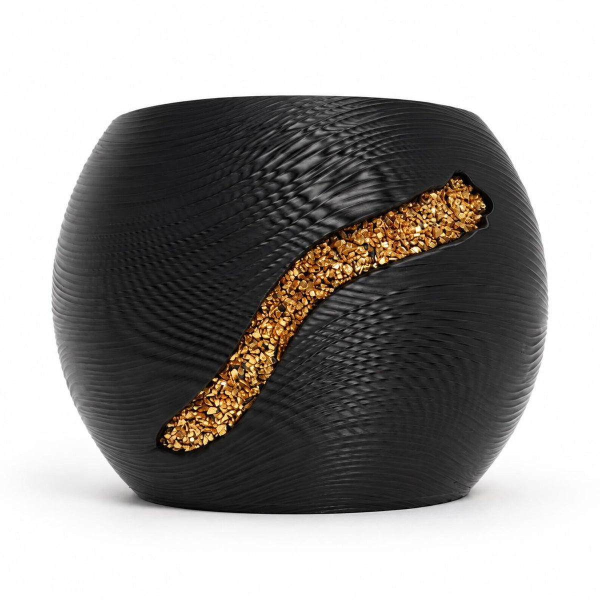 Side view of the rounded black planter, showing fine diagonal ridges and the end of the gold-tone inlay