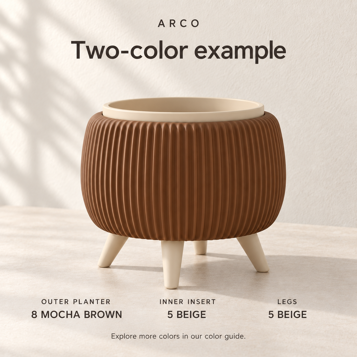 Arco two-color example labeled Mocha Brown for the outer planter and Beige for the insert and legs.