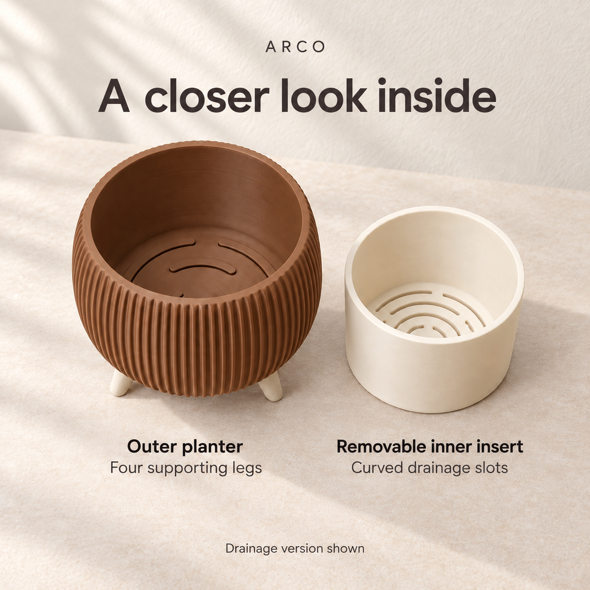Arco parts diagram showing the outer planter on four legs and removable insert with curved drainage slots.