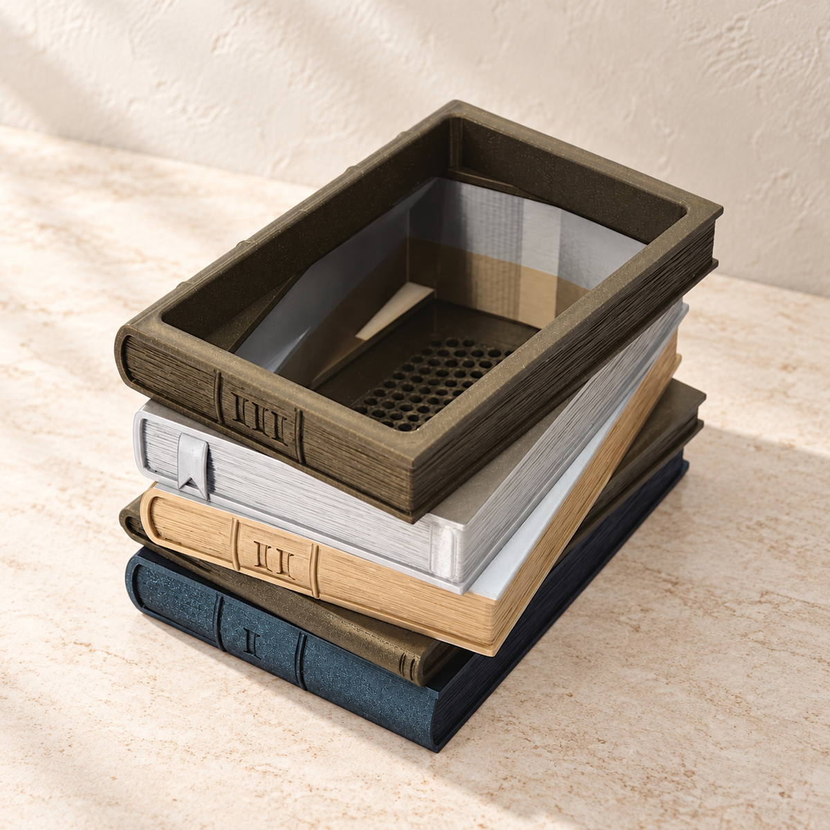 Orven 4 book planter styled to show stacked hardcover details and integrated top opening