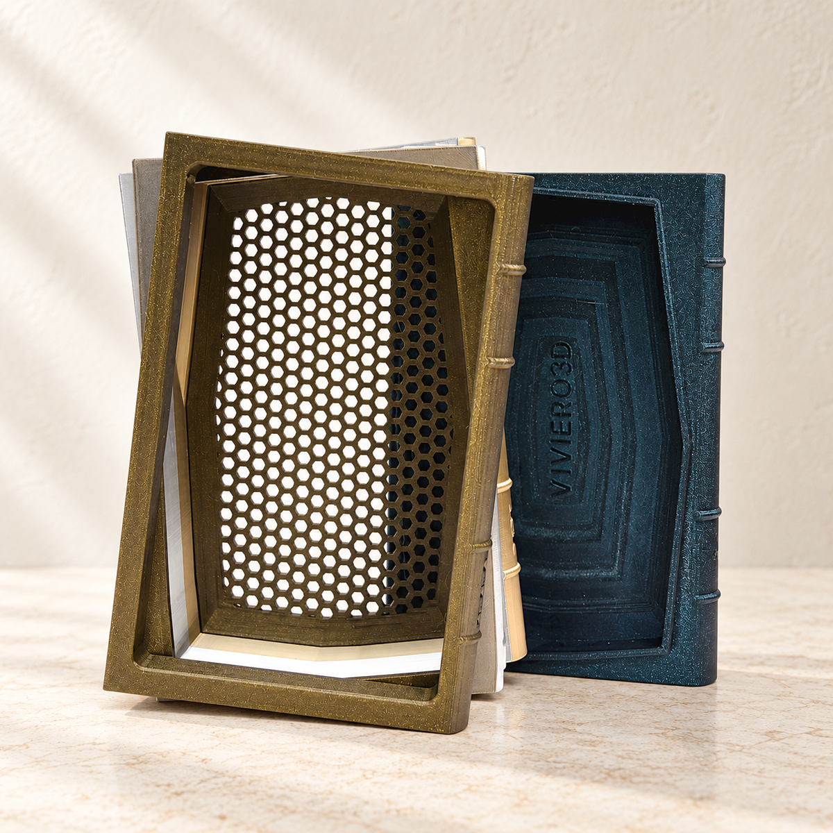 Orven 4 3D printed book planter highlighting stacked hardcover details and integrated top opening