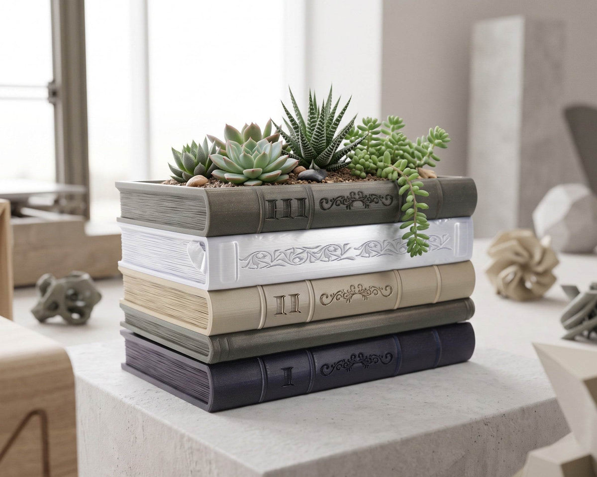 Orven 7 straight book stack planter in a modern interior with succulents