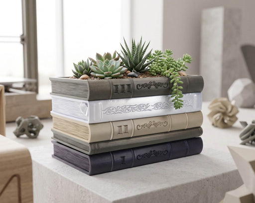 Orven 7 straight book stack planter in a modern interior with succulents