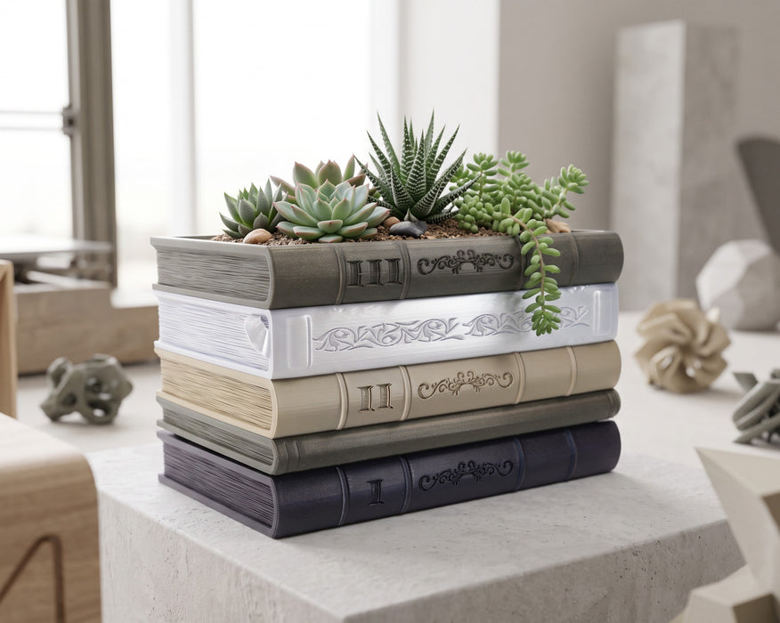 Orven 7 straight book stack planter in a modern interior with succulents
