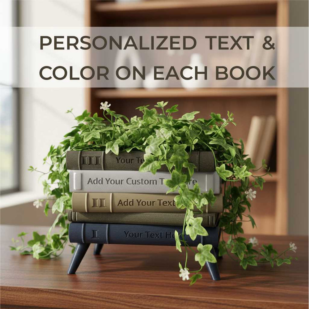 Personalized book planter with legs "Orven 6" featuring custom spine text and individually selected colors on five stacked books