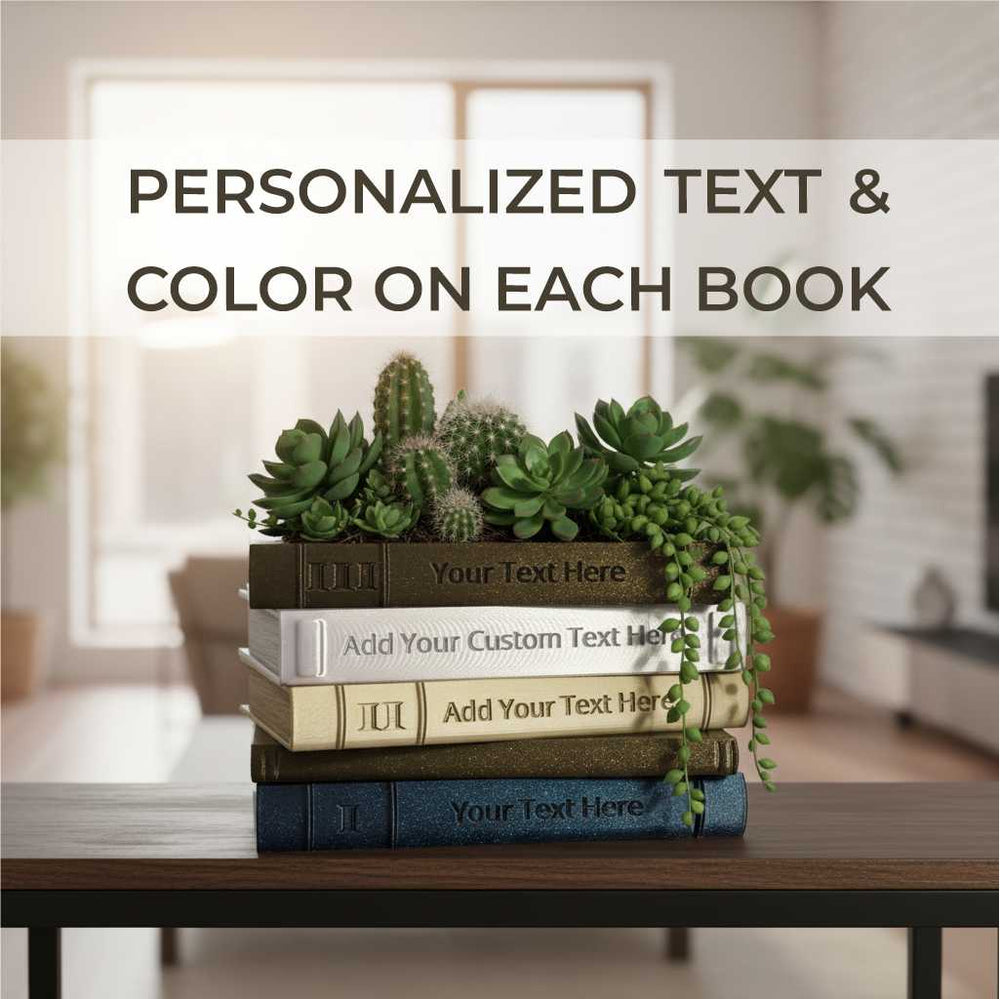 Personalized book planter with custom text, individual book colors and decorative succulents