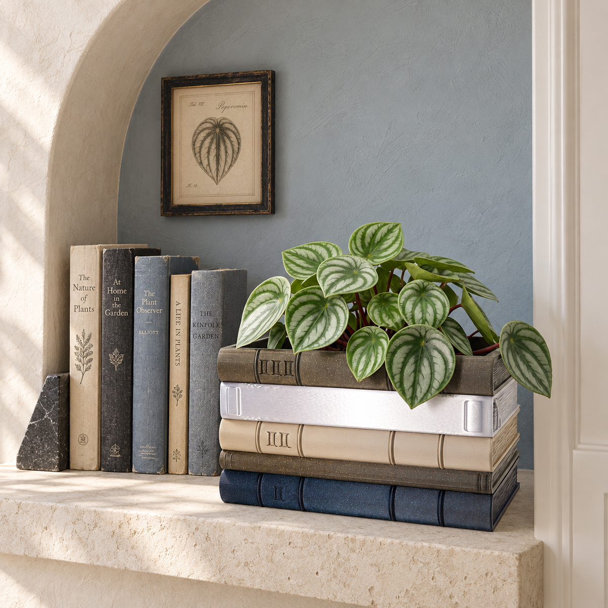Orven 2 book planter with distinctive stacked book spines and Roman numeral details