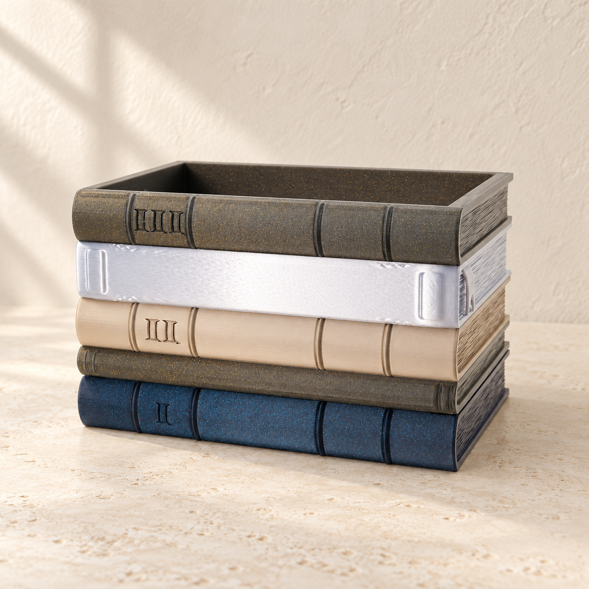 Orven 2 book planter showing stacked book spines and Roman numeral details across the design