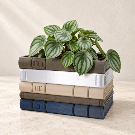 Orven 2 book planter with stacked book spines and Roman numeral details
