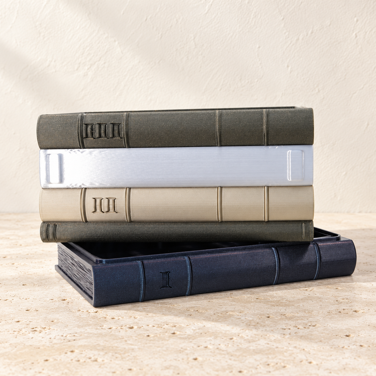 Orven 2 book planter with detailed stacked book spines and Roman numeral details