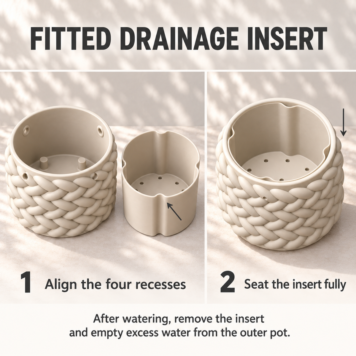 Braido assembly guide showing the removable drainage insert beside the planter and fitted inside